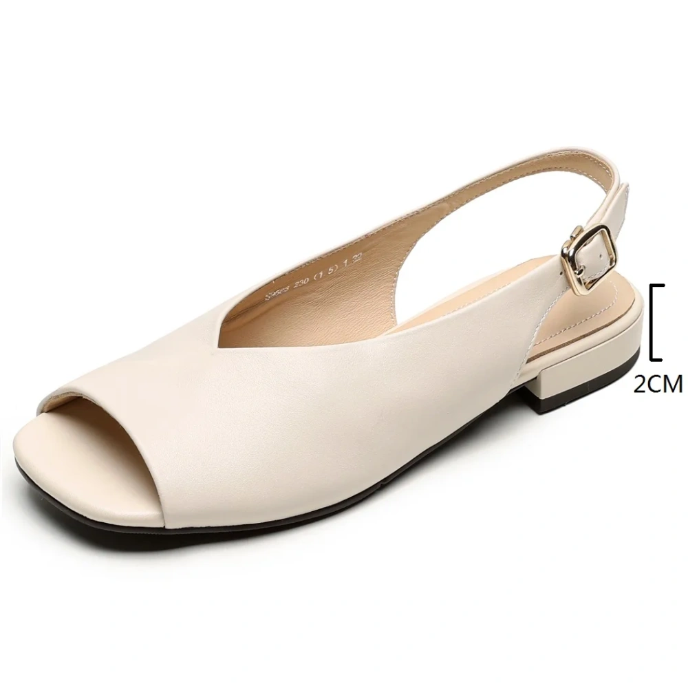 Women's New Summer Genuine Leather 2cm Square Toe Peep Toe Open Toe One - Strap Shallow Mouth Concise Retro Casual Sandals 50727
