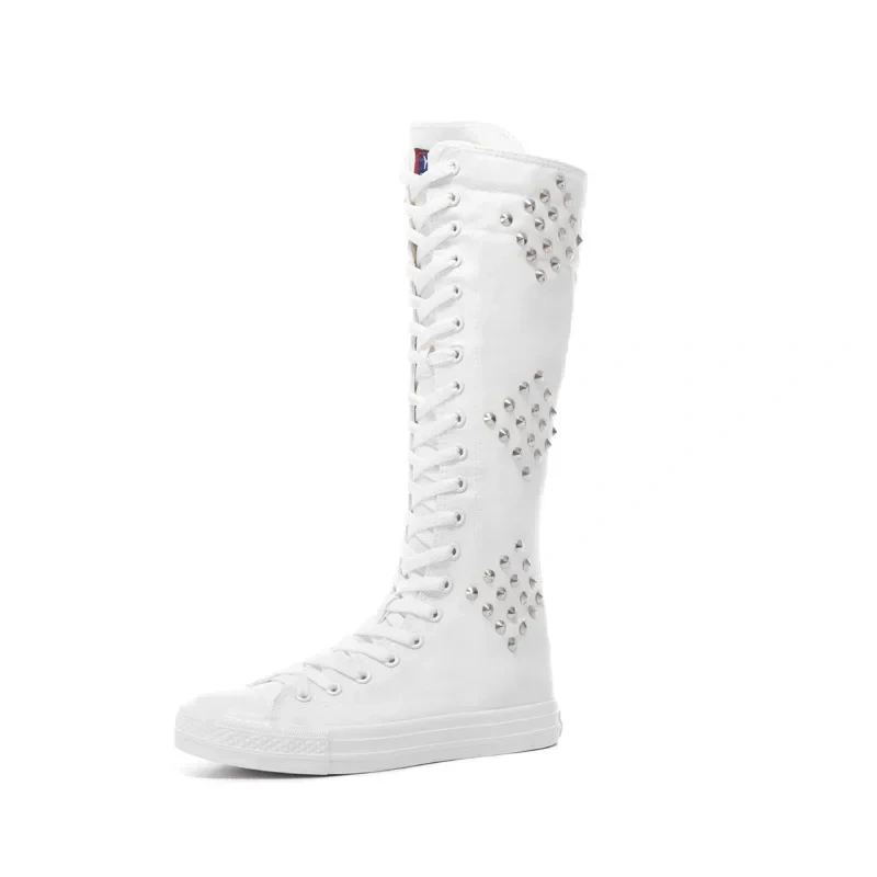 Women Sneakers Punk Style Slim Flat Heels Cross-tied Rivet Plus Size 42 43 Canvas Ladies Knee High Long Riding Knight Boots