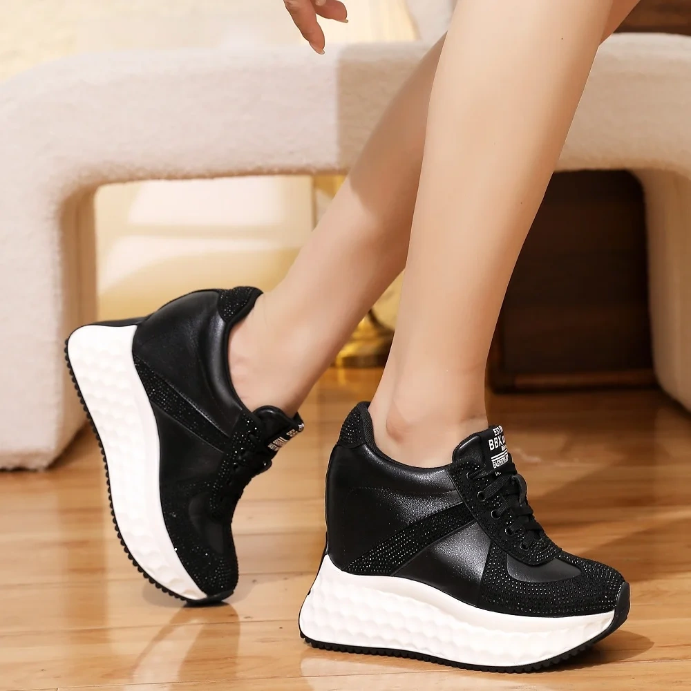 Women's Autumn New Fashion Genuine Leather Crystals Slim 12CM Hidden Wedge Heel Lace-Up Platform Soild Color Concise Shoes 50806
