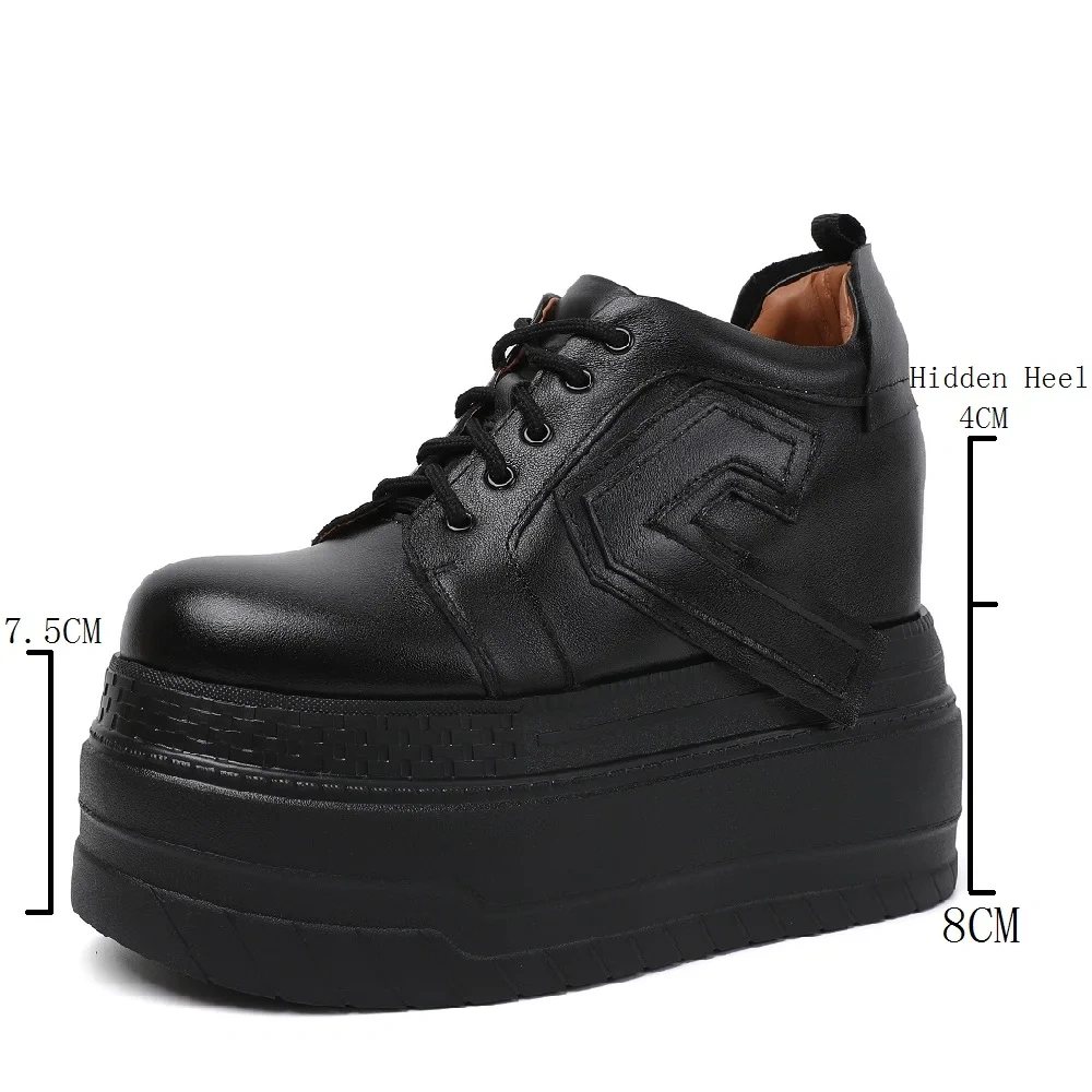 Women's Autumn Genuine Leather Round Toe Lace-Up Casual Shoes 12CM Inner Heightening Sole Solid Color Platform Sneakers 50903