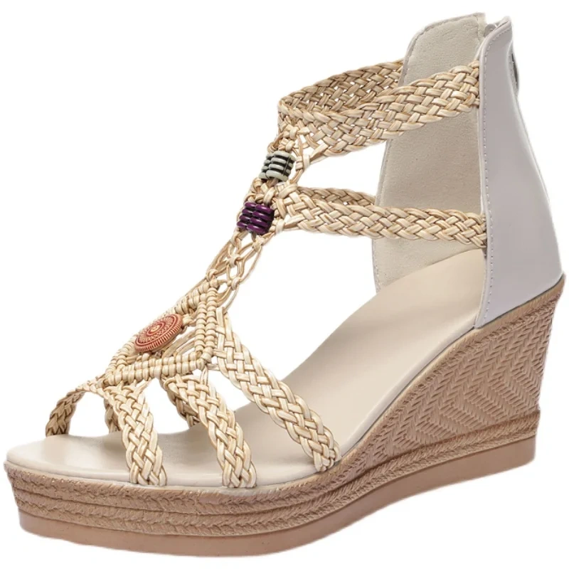 Women's Summer New Slim 7CM Wedge Heel Thick Sole Genuine Leather Woven Beaded Open Toe Zipper Platform Plus Size Sandals 50711