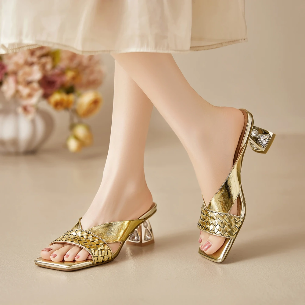 Women's Summer New Slim 6 CM Chunky Heel Crystals Genuine Leather Woven Open-Toe Square Toe French Vintage Slippers 50619