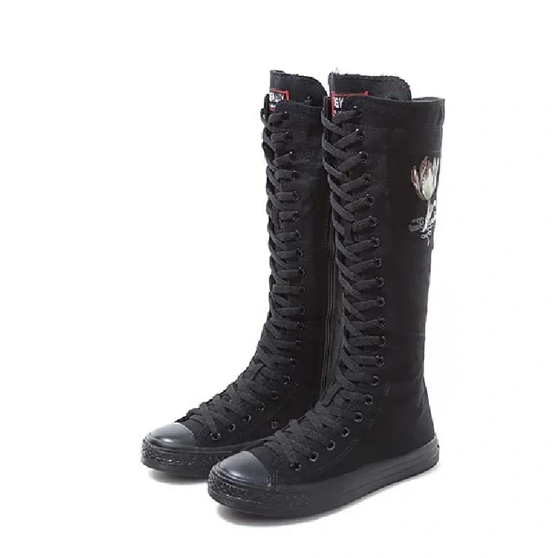 Women Dance Shoes Korean Style Slim Cross-tied Flowers Zipper Plus Size 42 43 Canvas Ladies Knee-High Long Equestrian Boots 2301