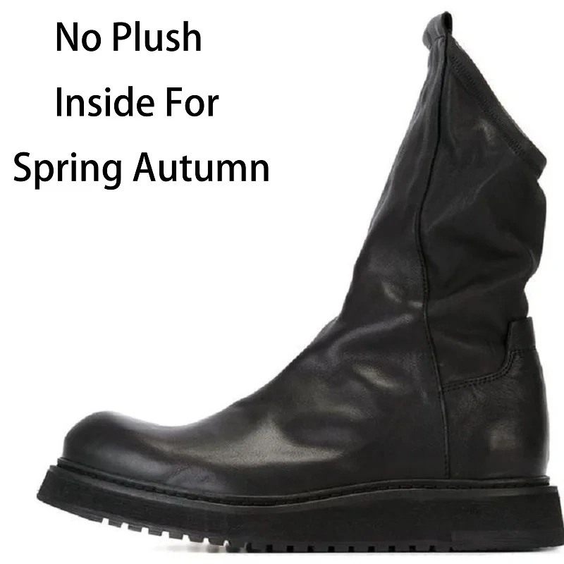 Spring Autumn British Style Slim Thick Sole Sewing Genuine Leather Men Mid-Calf Riding Equestrian Boots Winter Plush Inside