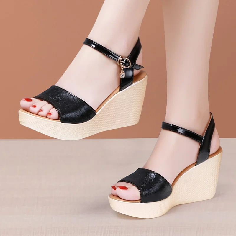 Women's Summer New Slim 8CM Wedge Heel Open Toe Shallow Mouth Concise Sandals Straps Crystals Platform Plus Size Shoes 50711