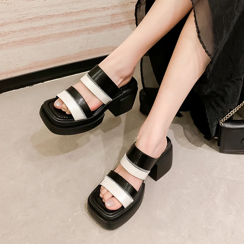 Women's Summer New Slimming 9 CM Chunky Heel Genuine Leather Color Block Platform Peep Toe Square Toe Gladiator Slippers 50610