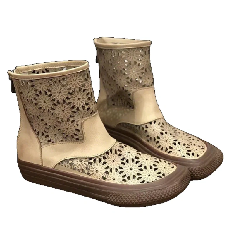Women's Spring Autumn New Slim 3 CM Sole Square Toe Cut Out Printed Zipper Genuine Leather Retro Ankle Boots 50529