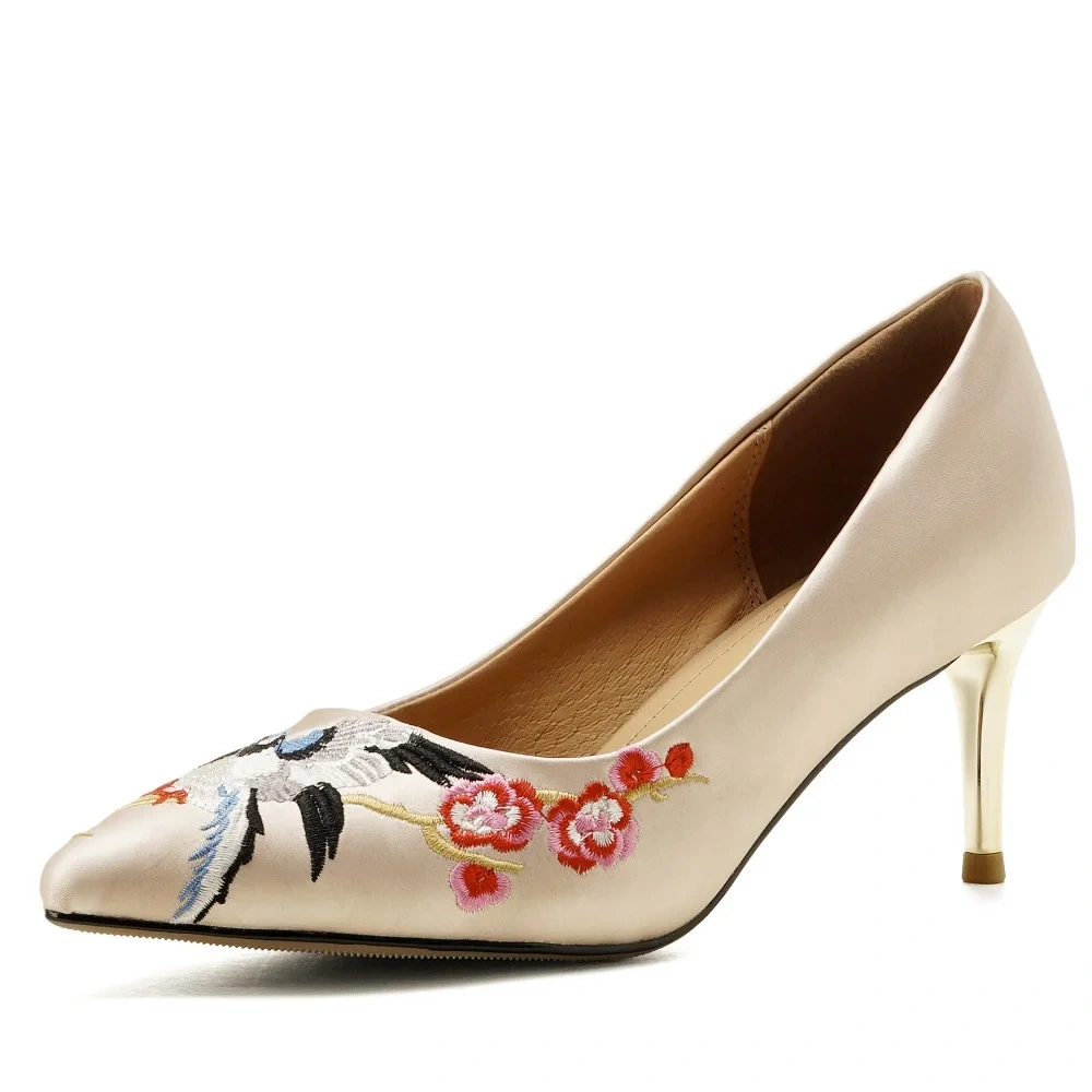Women's Spring Summer Slim 6.5 CM High Heels Pointed Toe Shallow Mouth Stiletto Silk Embroidery Slip On Plus Size Shoes 50621