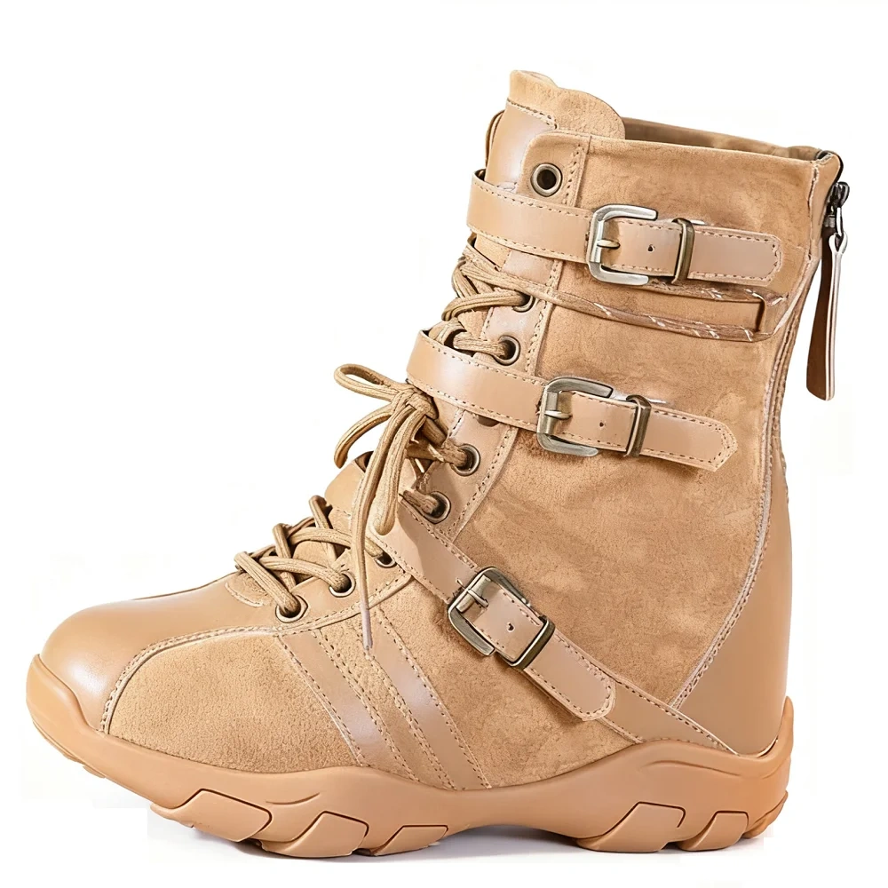 Women's Genuine Leather Ankle Boots 10 CM Hidden Heel Lace Up Autumn 2025 Versatile Petite Friendly Comfort Zipper Buckle 51023