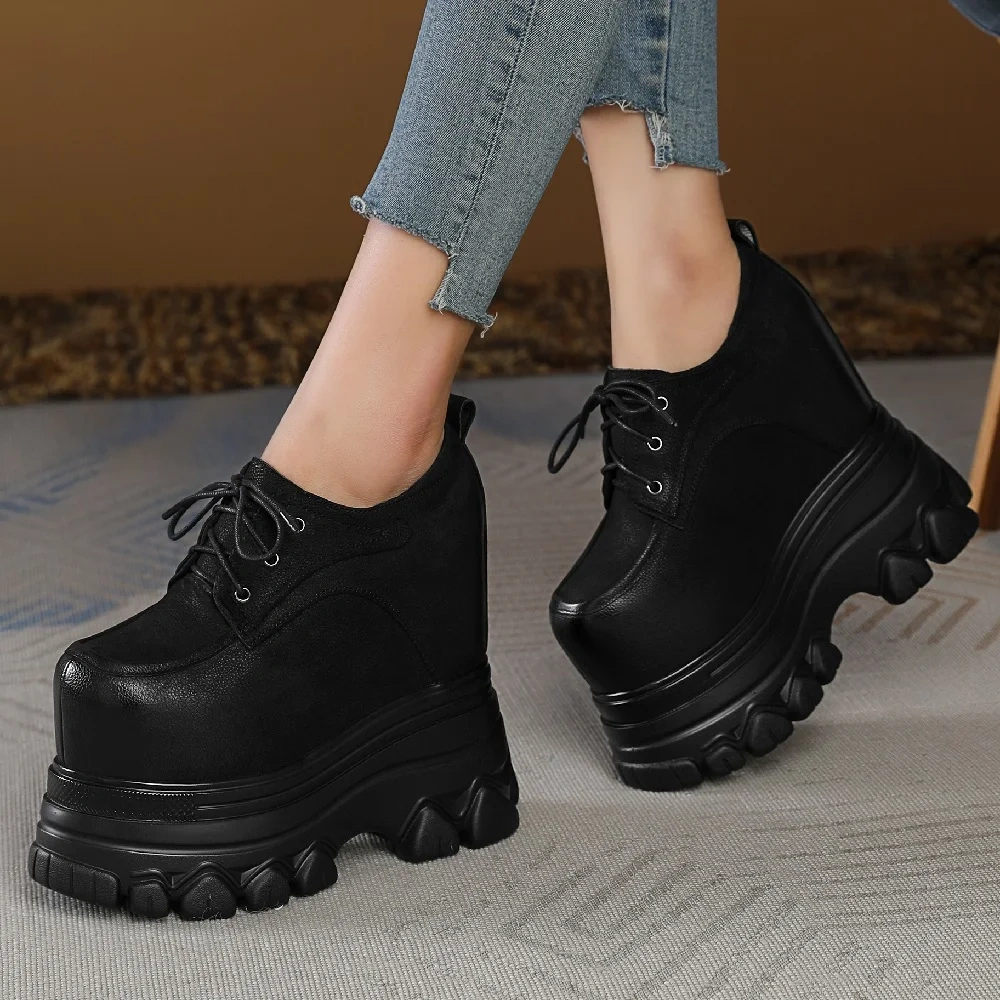 Spring Autumn New British Style Slim Height Increasing 16CM Wedges High Heels Platform Lace-Up Genuine Leather Women Pumps 2401