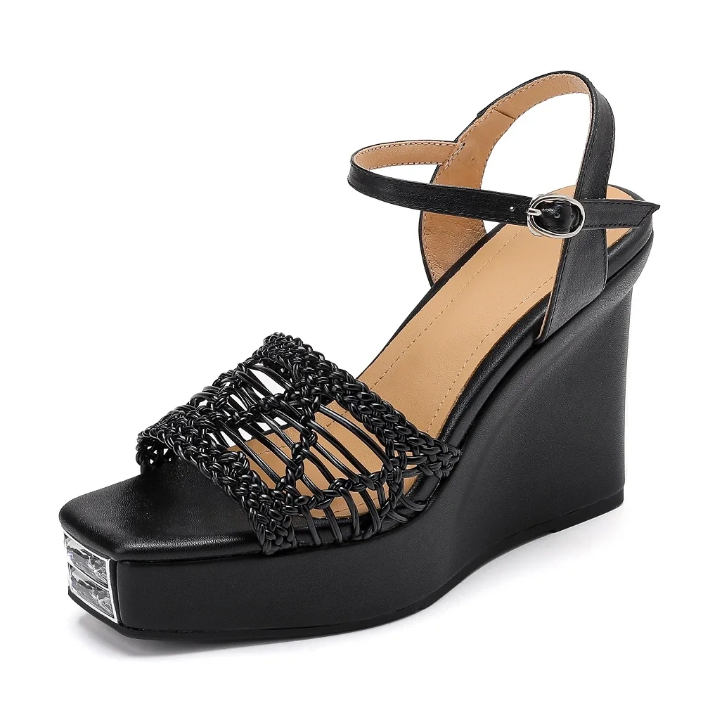 Women's Summer New 10.5CM High Wedge Heel Genuine Leather Braided Square Toe Open-Toe Buckle Platform Gladiator Sandals 50711