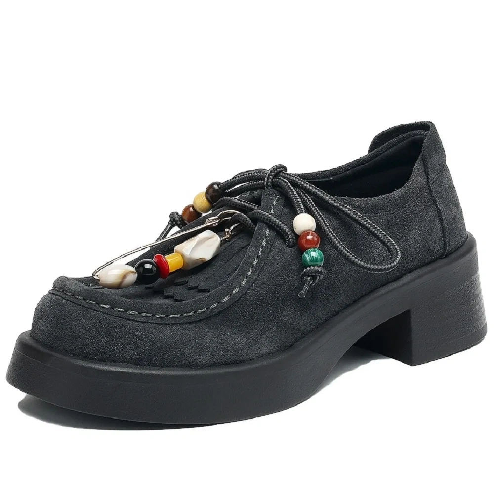 Women's Autumn New Cow Suede Retro Round-Toe Beaded Tassel 5.5CM Block Heel Slip-On Solid Color Casual Comfortable Shoes 50829