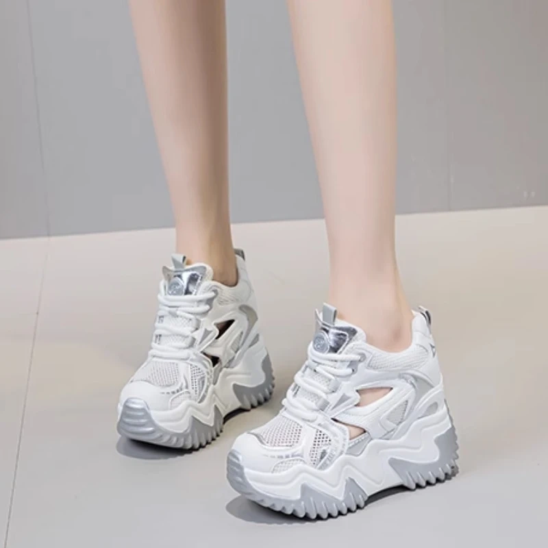 Women's Spring Summer New Slim 12 CM Hidden Increasing Genuine Leather & Mesh Cut Out Closed Toe Lace Up Platform Sandals 50708