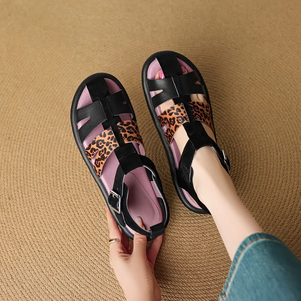Women's Summer New 2.5 CM Flat Genuine Leather Color Block Cut Out Woven Peep Toe Backless Buckle Strap Gladiator Sandals 50614