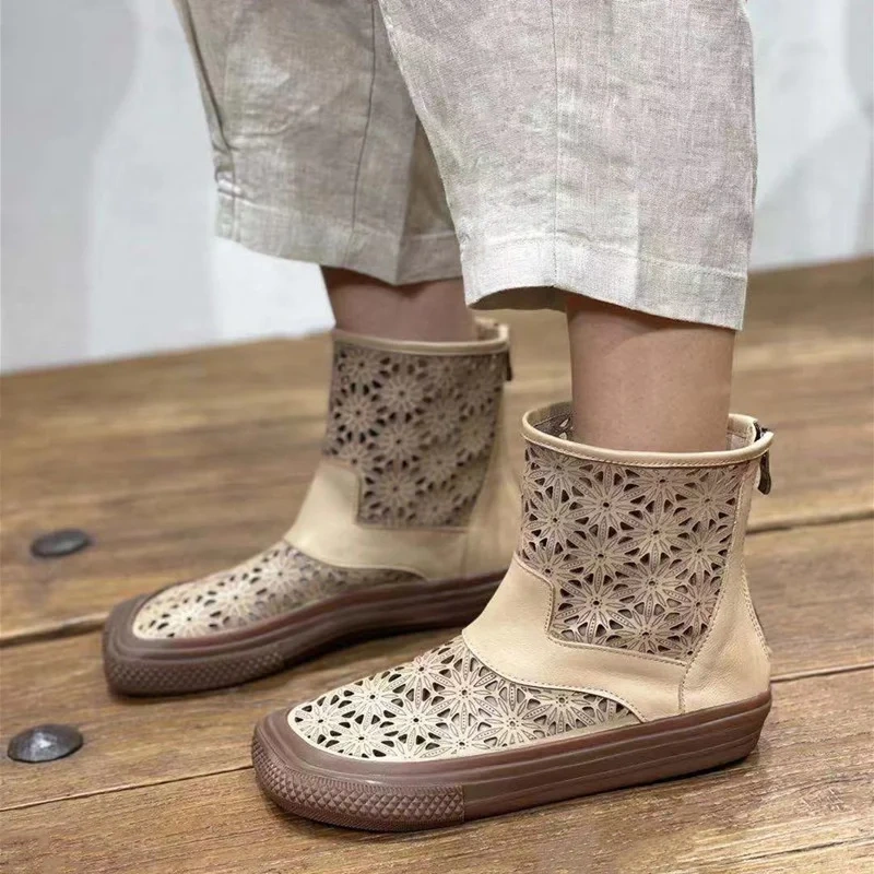 Women's Spring Autumn New Slim 3 CM Sole Square Toe Cut Out Printed Zipper Genuine Leather Retro Ankle Boots 50529