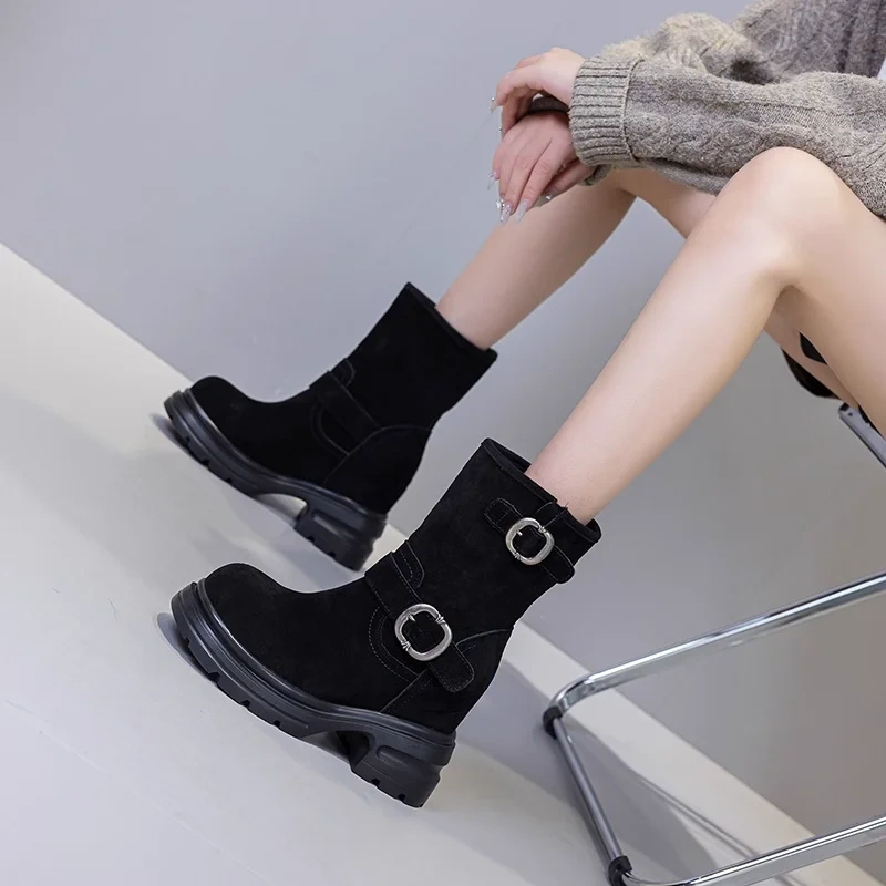 12CM Inner Height Increasing Women's Ankle Boots Suede Leather Belt Buckle Platform Casual 2025 Spring & Autumn New 51013