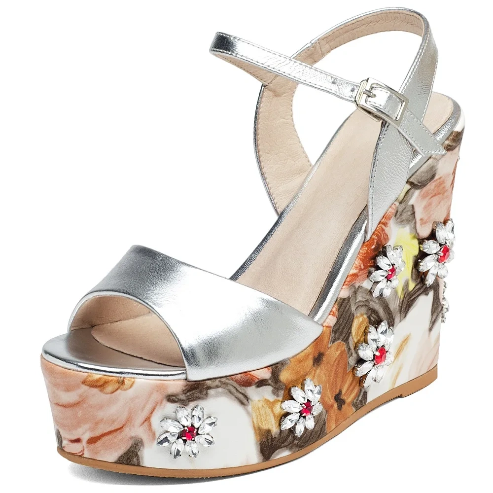 Women's Summer Slim 12.5 CM Wedge Heel Genuine Leather Printed Peep Toe Ankle Strap Open Back Platform Gladiator Sandals 50610