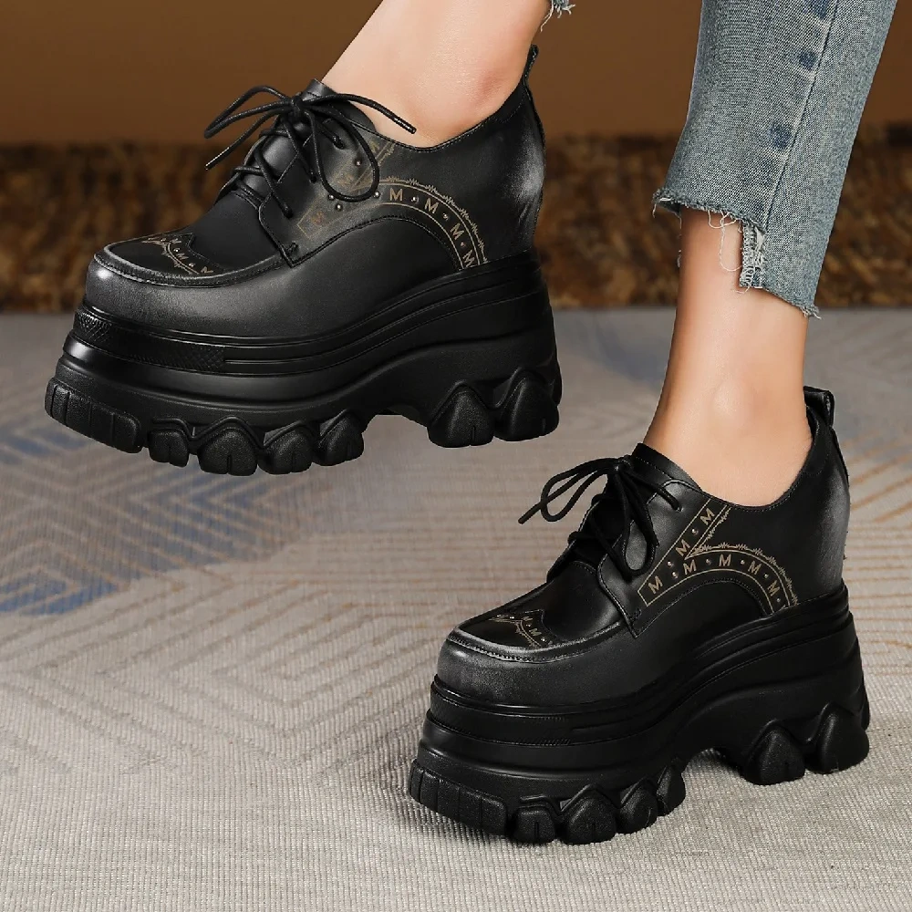Spring Autumn New British Style Retro Height Increasing Platform Wedges Rivet Lace-Up Genuine Leather Women Modern Pumps 2401