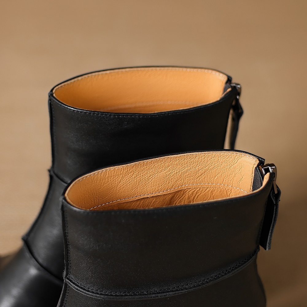 Vintage Brown 5.5 CM Block Heel Ankle Women's Autumn Winter Fleece Lined Retro Sewing Back Zipper Genuine Leather French British Style Chic Boots 60121