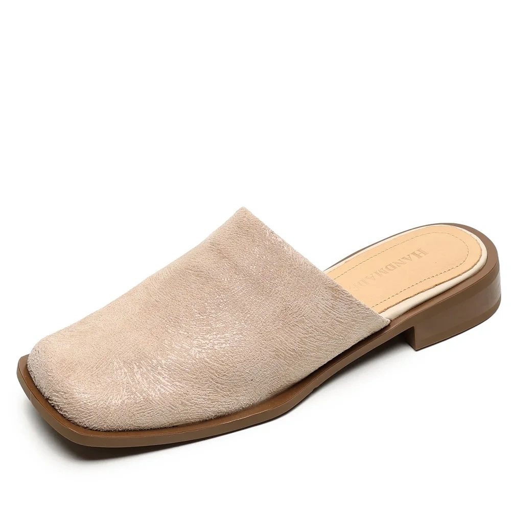 Women's Spring Summer New Fashion 2.5 CM Block Heel Genuine Leather Solid Color Closed Toe Open Back Yellow Simple Slides 50616