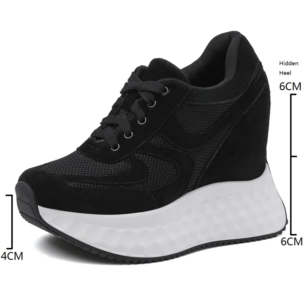 12CM Height Increase Slim Genuine Leather & Mesh Breathable Lace-Up Solid Color Concise Platform Women's Autumn Shoes 50804