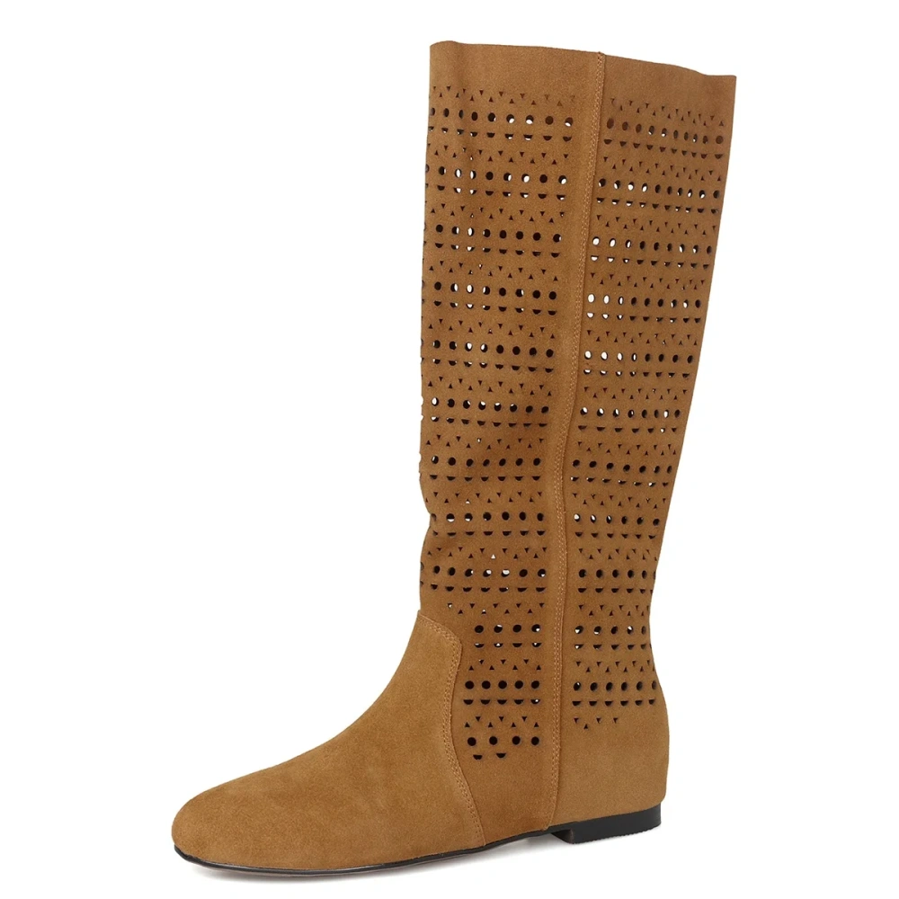 Women's Spring Summer 5.5CM High Heel Genuine Leather Solid Color Cut Out Round Toe Bohemia Retro Breathable Half Boots 50718
