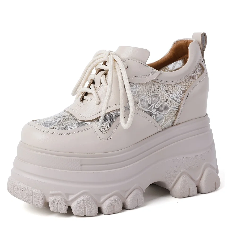 Spring Autumn New Korean Style Slim Height Increasing Platform Wedges Embroidery Lace-Up Genuine Leather Women Casual Shoes 2409