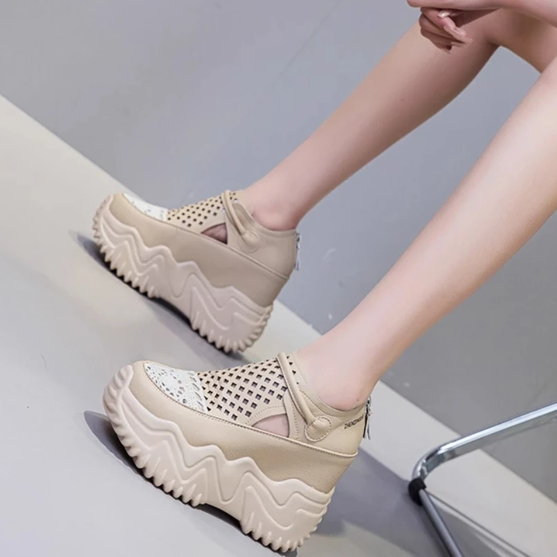 Women's Summer New Fashion Slim 12CM Hidden Heel Genuine Leather & Mesh Breathable Cut Out Zipper Comfort Casual Shoes 50714