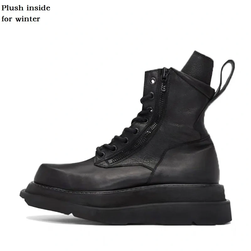 Spring Autumn New Retro Chunky Bottom Platform Sewing Genuine Leather Men Mid-Calf Riding Equestrian Boots Winter Plush 2306