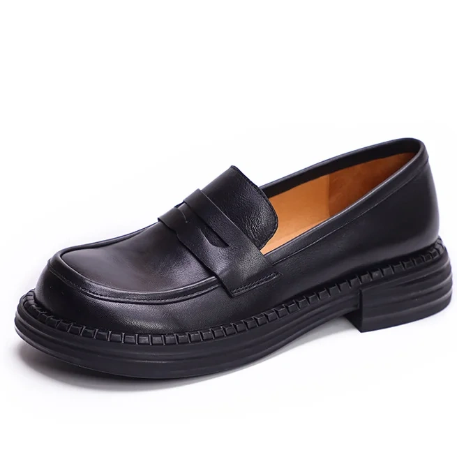 Women Spring Autumn New Slim 3 CM Square Heel Slip On Solid Color Round Toe Comfort Flats Retro Casual Loafers Shoes 50620
