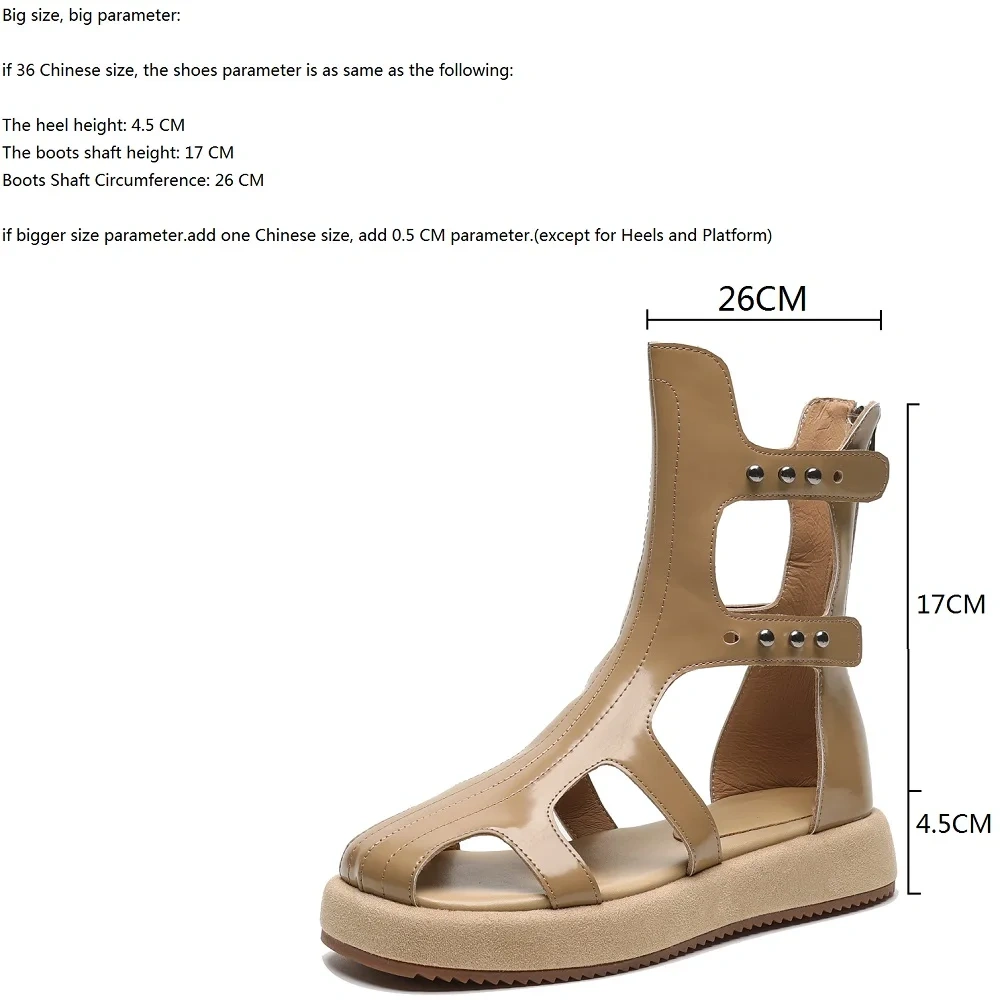 Women's Summer New Slim 4.5 CM Thick Sole Genuine Leather Platform Cut-Out Bling Rivets Gladiator Ankle Boots 50611