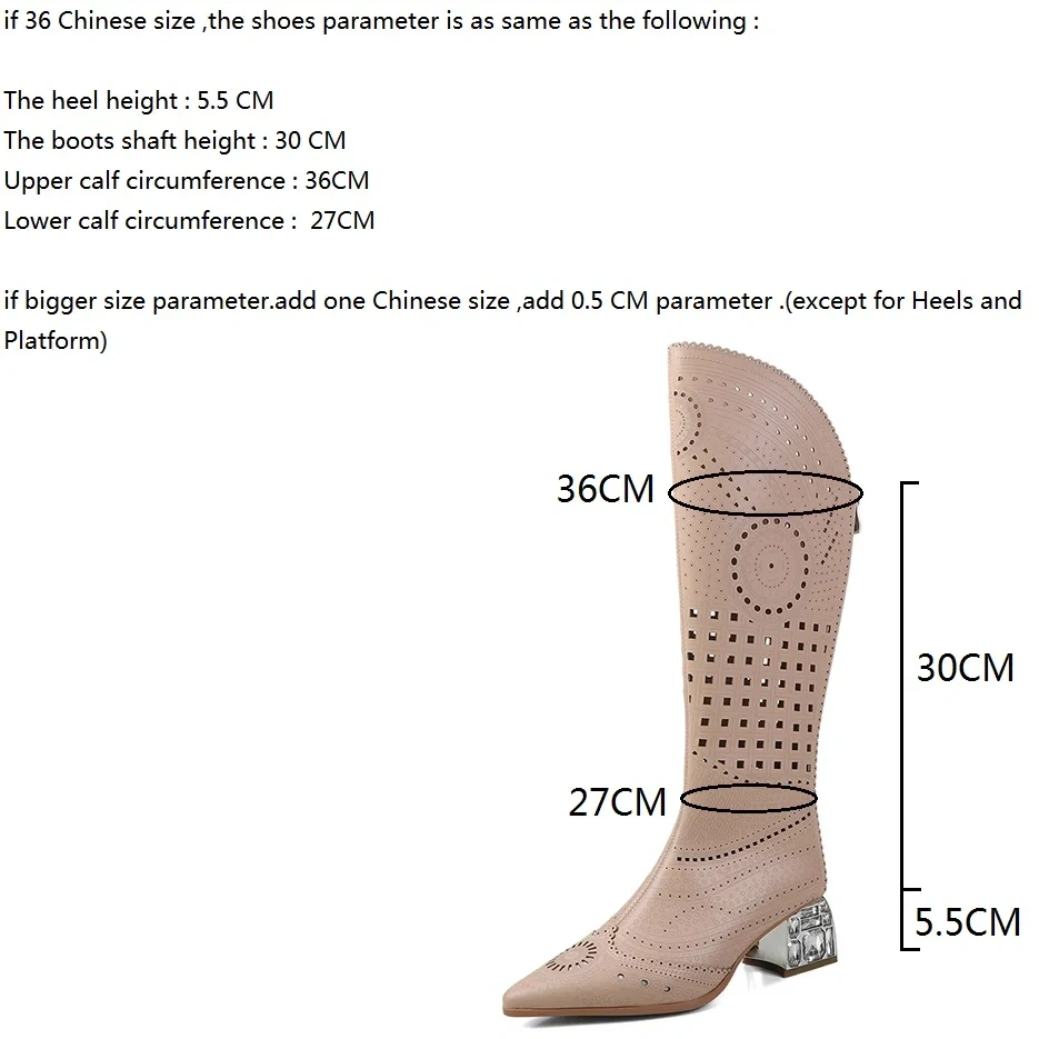 Women's Spring Summer Fashion Slim 5.5 CM Chunky Heel Pointed Toe Genuine Leather Cut Out Crystals Zipper Knee High Boots 50613