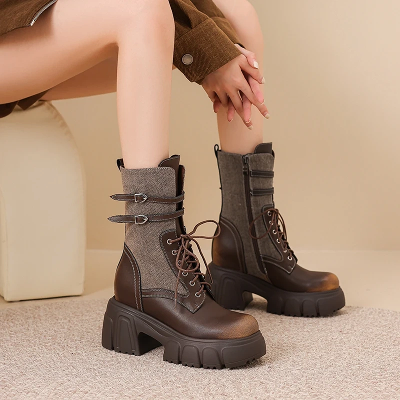 Women's Side Zipper Buckle 10 CM Block Heel Fleece-Lined Autumn Winter Slim-Fit Genuine Leather American Style Ankle Boots 51020