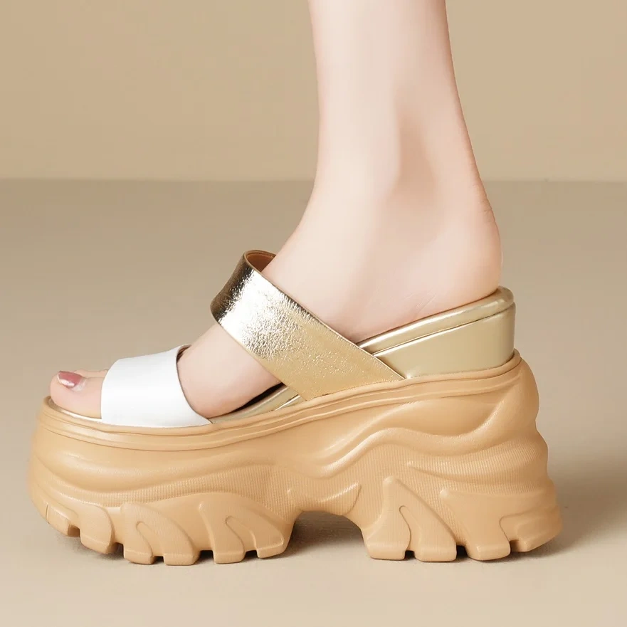 Women's Summer Slim 12 CM Height Increasing Genuine Sheepskin Leather Open Toe Gladiator Wedge Platform Bling Slippers 50531