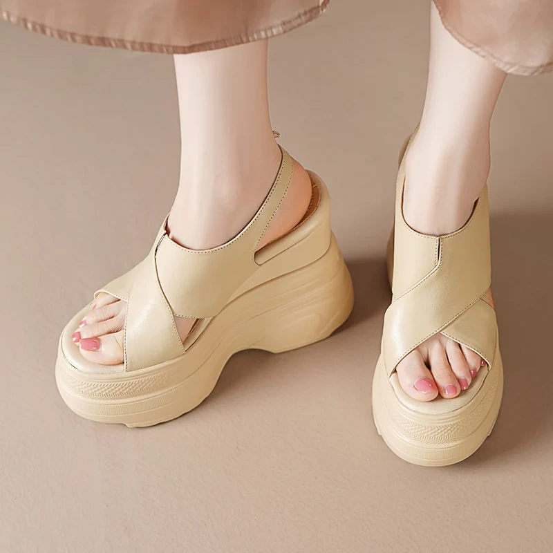 Women's Summer New Slim Fit 14 CM Wedge Heel Genuine Leather Cross Strap Platform Peep Toe Backless Solid Color Sandals 50709