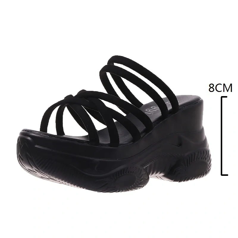 Women's Summer New Fashion Slim Fit 8CM Platform Cross Strap Peep Toe Shoes Cut Out Wedge Round Toe Solid Color Slippers 50712
