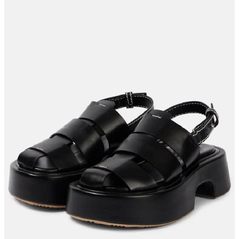 Women's Summer New Fashion Slim Chunky Heel Genuine Leather Cut Out Platform Gladiator Solid Color Sandals 50609