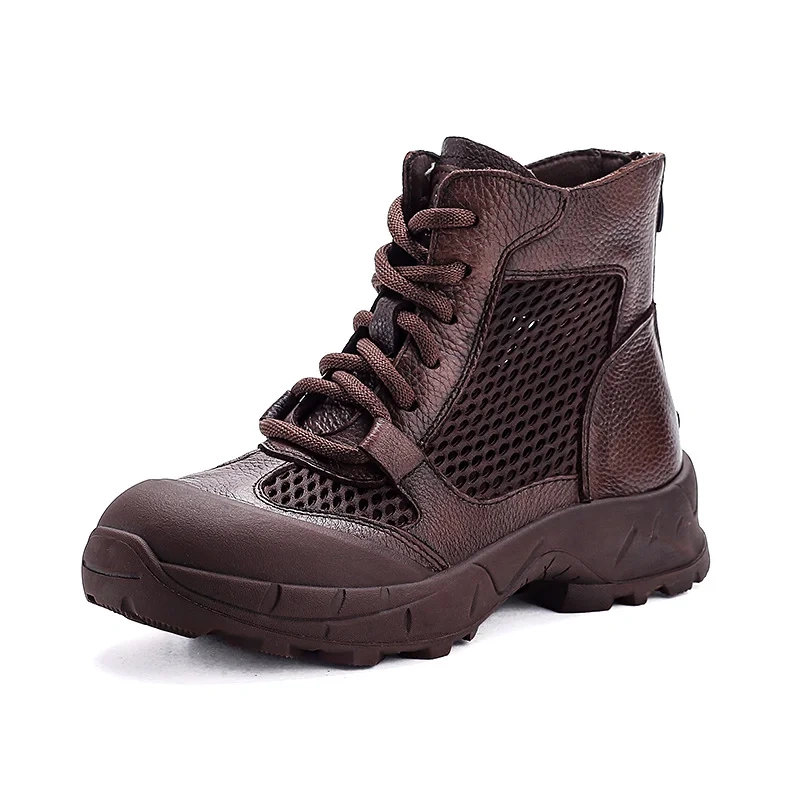 Women's Spring Summer New Slim 4CM Genuine Leather Thick Sole Hollow-Out Lace-Up Solid Color Flats Concise Ankle Boots 50703