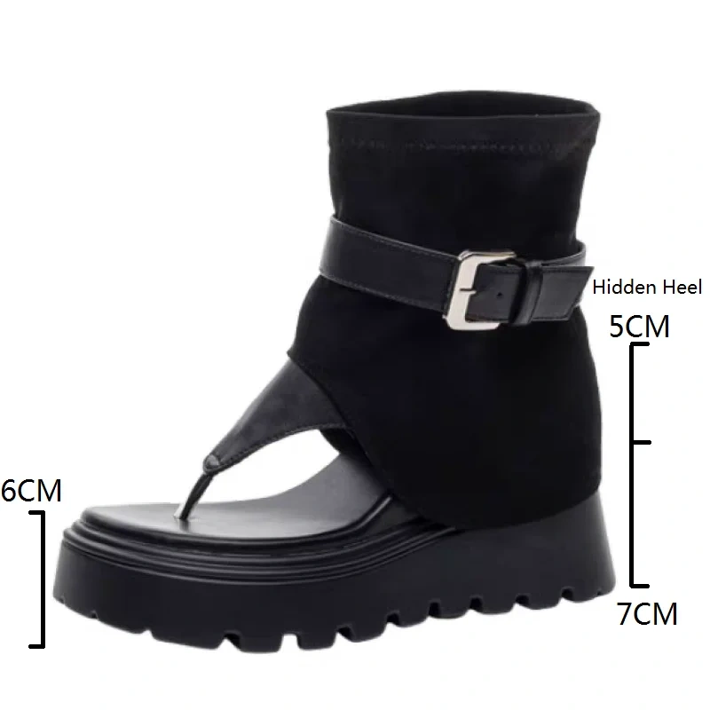Women's Summer New Slim 12 CM Inner Heightening Genuine Leather Toe Pinching Platform Belt Buckle Gladiator Ankle Boots 50708