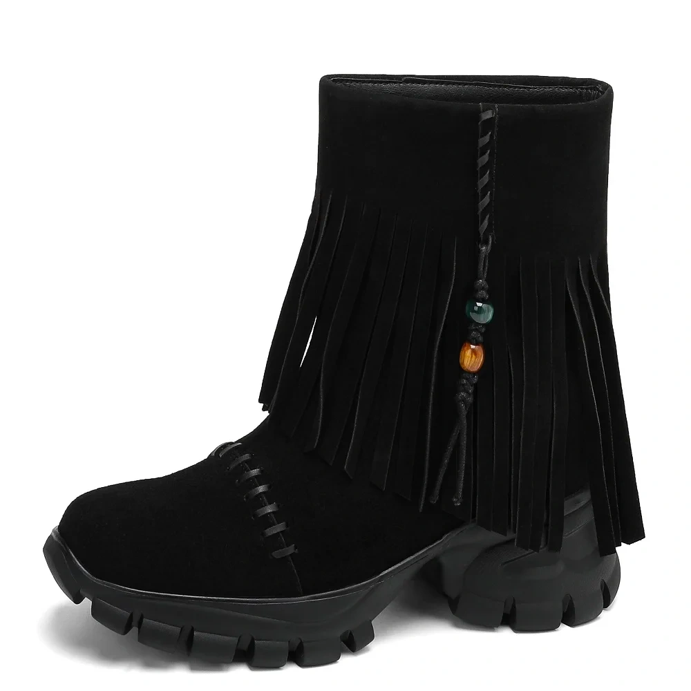 New Autumn Winter Women's Suede Leather 10cm Thick Sole Inner Height Tassel Bead Stitched Casual Versatile Ankle Boots 50930