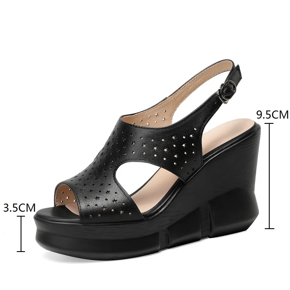 Women's Summer New Slim 9.5 CM Wedge Heel Genuine Leather Cut Out Peep Toe Platform Buckle Strap Gladiator Sandals 50611