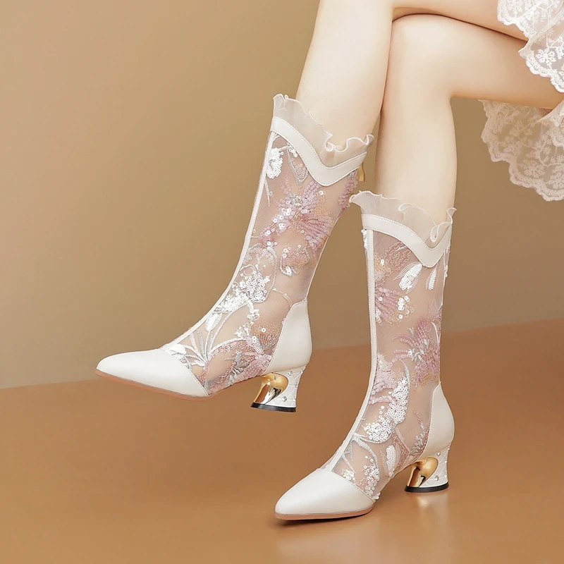 Women's Spring Summer 5.5CM Chunky Heel Genuine Leather & Mesh Embroidery Sequins Lace Crystal Zipper Plus Size Half Boots 50621