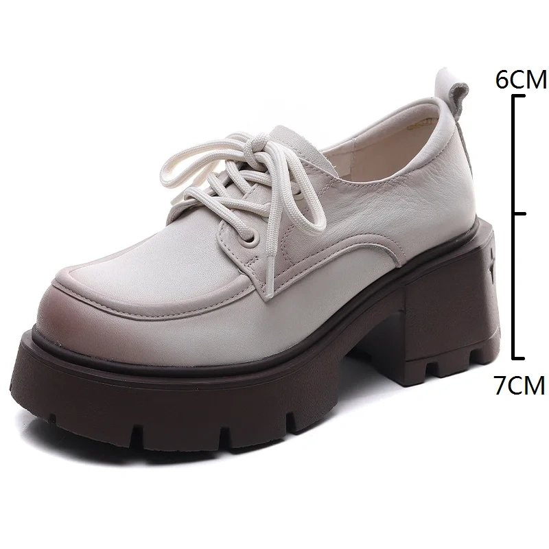 Women's New Spring Autumn Genuine Leather 7CM Square Heel Slimming Loafers Lace Up Platform Round Toe Retro Casual Shoes 50729