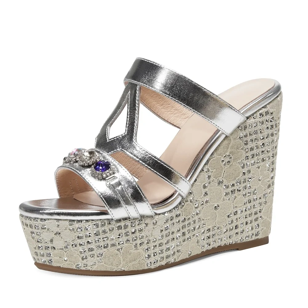 Women's Summer New Fashion 12CM Thick Platform Wedge Heel Genuine Leather Crystals Open Toe Platform Gladiator Slippers 50711