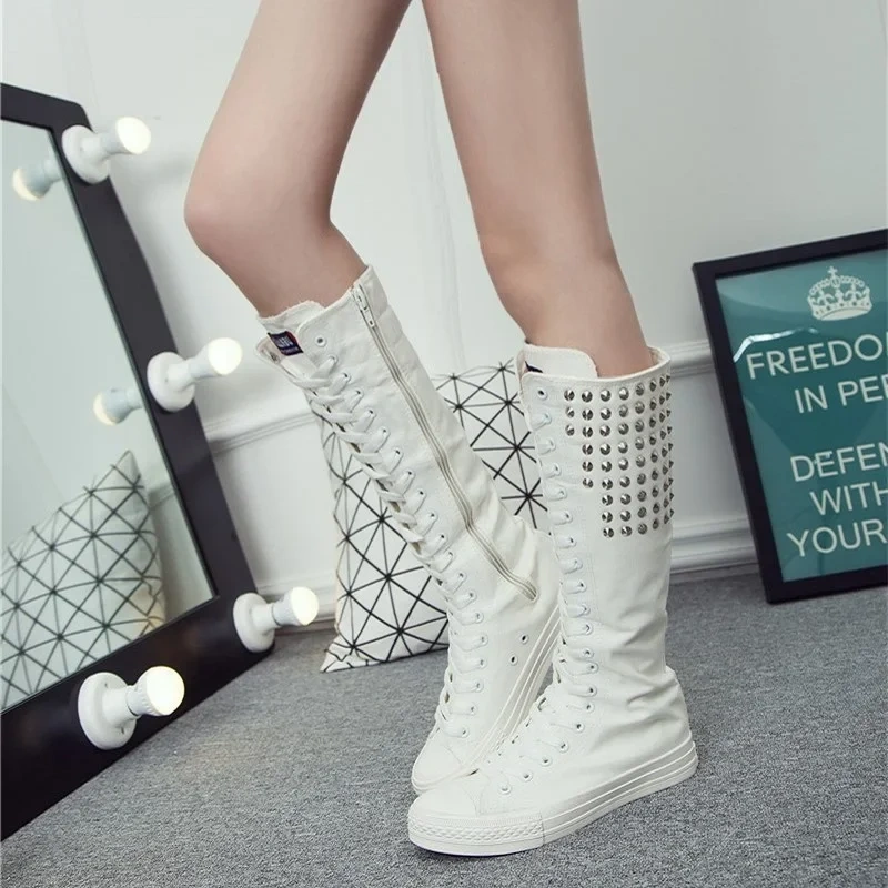 Women Knee-High Long Boots Korean Style Slim High-top Plus Size 42 43 Zipper Cross-tied Rivet Canvas Ladies Dance Shoes 2301