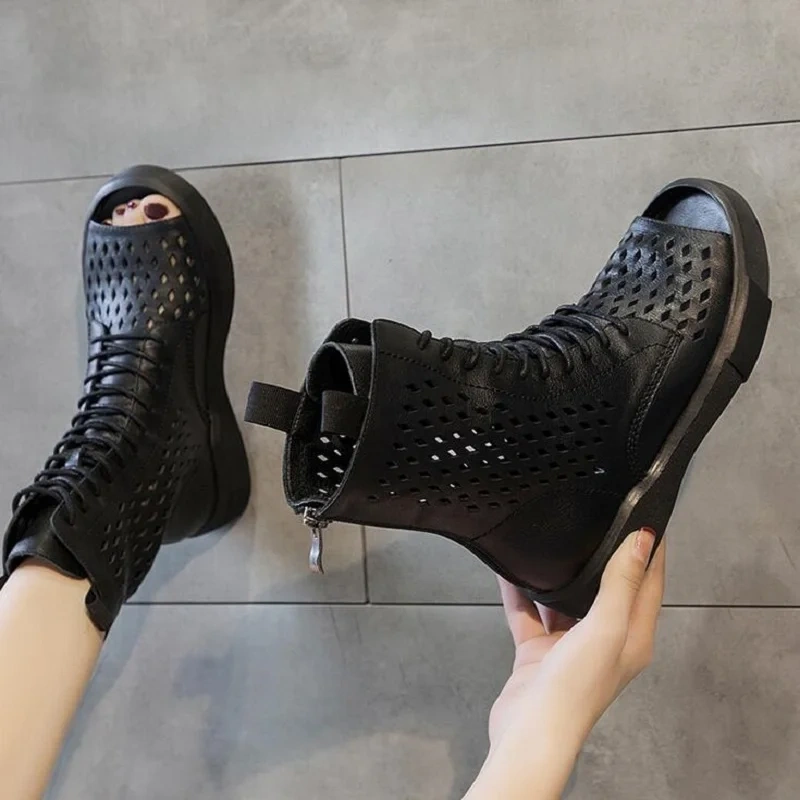 Summer New Fashion Chunky Bottom Peep Toe Cross-tied Hollow Genuine Leather Women Ankle Short Modern Gladiator Boots 2304