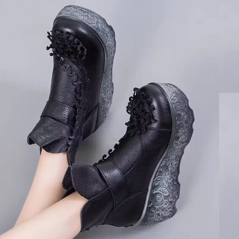 Spring Autumn New National Style Retro Wedges Platform Fringe Flowers Genuine Leather Women Ankle Short Equestrian Boots 2401