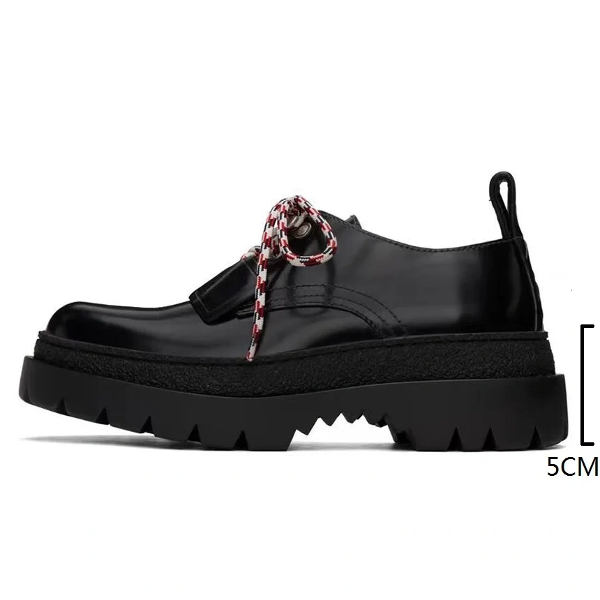 Men's Spring Autumn New Chunky Heel 5CM Platform Genuine Leather Colorful Laces Solid Color Platform Round Toe Shoes 50715