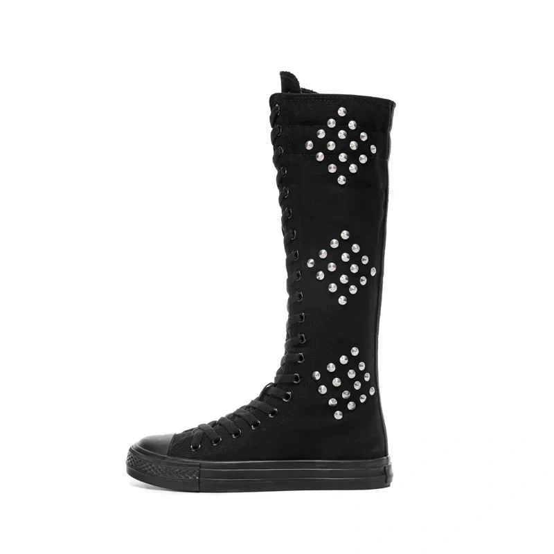 Women Sneakers Punk Style Slim Flat Heels Cross-tied Rivet Plus Size 42 43 Canvas Ladies Knee High Long Riding Knight Boots