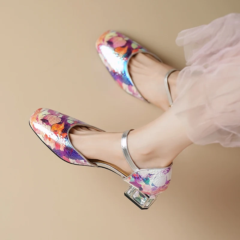 Women's Summer New 3.5 CM Chunky Heel Genuine Leather Pumps Color-Block Printed Square-Toe Buckle Strap Plus Size Shoes 50621